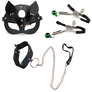 Kit Sado Bondage + Mascara Gatita + Correa Collar + Pinzas Pezones (3 art)